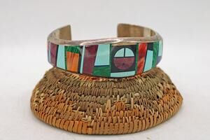 Frank Yellowhorse Navajo Sunface Inlay Multi-Stone Sterling Silver Cuff Bracelet